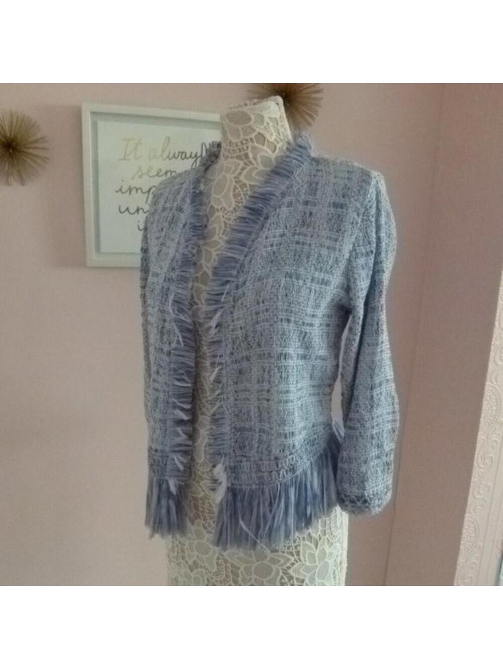 White House Black Market Fringe Sweater Jacket baby blue white Small - Picture 9 of 9